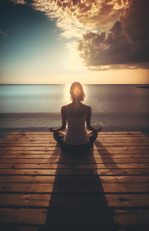 Young woman practicing yoga on the beach at sunrise. yoga concept.の素材