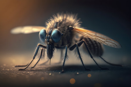 Macro shot of a fly on a dark background with lights.の素材
