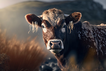 Cow on the meadow in the mountains. Beautiful cow portrait.の素材