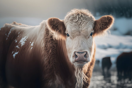 Portrait of a cow in the winter. Cows in winter.の素材