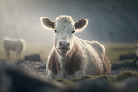A close up of a cow in a field in Scotland, UK.の素材