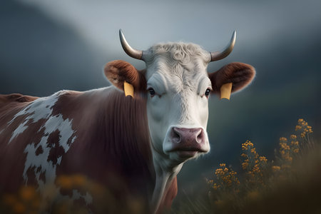 Cow in the meadow on a foggy day. 3d renderingの素材