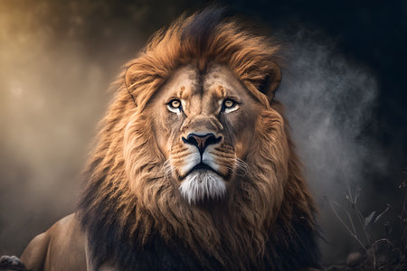 Portrait of a big male lion with smoke in the background.の素材