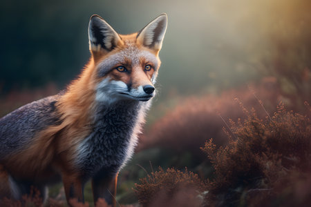 Red fox (Vulpes vulpes) at sunset in the Scottish Highlands.の素材