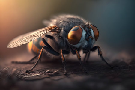 Macro shot of a fly on a piece of wood with a blurred backgroundの素材