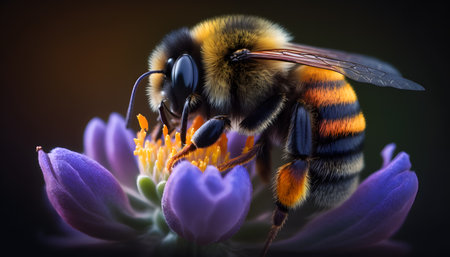 Bumblebee collecting pollen from a purple flower. macro shot.の素材