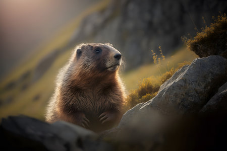 Marmot in the mountains at sunset. Marmot marmotの素材