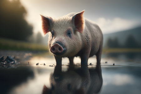 Pig in the lake at sunset. Piglet in the waterの素材
