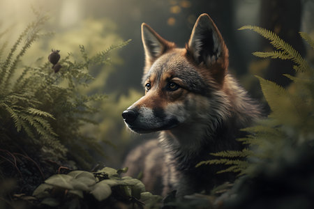 Portrait of a wolf in the forest. Beautiful fox portrait.の素材