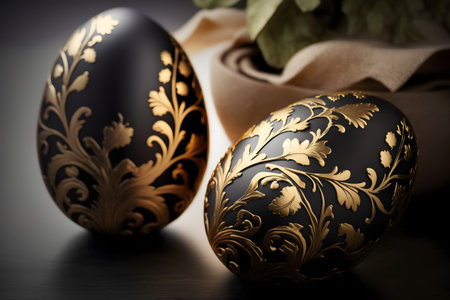 Easter eggs decorated with gold pattern on black background. Happy Easter.の素材