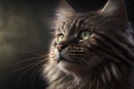 Portrait of a Maine Coon cat on a dark background.の素材