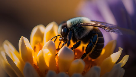 Bumblebee collecting pollen on a dahlia flower. macroの素材