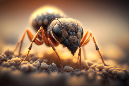 Macro closeup of ant on sand. 3D illustration.の素材