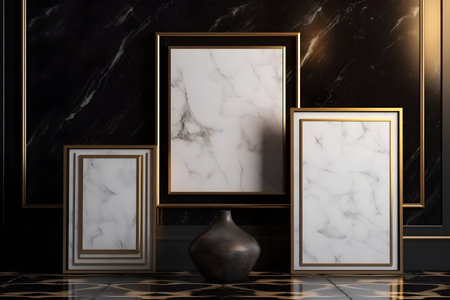 3d render of golden frames mockup background with marble texture.の素材