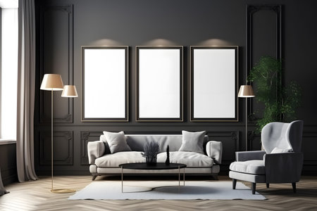 Living room interior with black walls, wooden floor, gray sofa, armchair and two vertical posters. 3d mockup renderingの素材