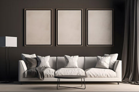 Three blank posters on the wall in modern interior. Mock-up, 3D Renderingの素材