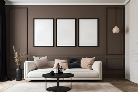 Interior of modern living room with brown walls, wooden floor, comfortable white sofa and two vertical mock up posters on the wall. 3d renderingの素材
