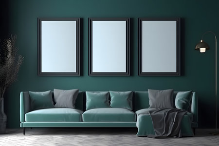 Green living room interior with three empty frames on the wall. 3d renderの素材