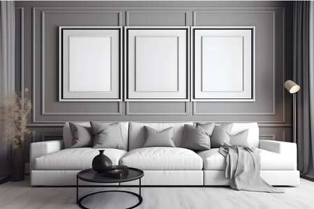 Living room interior with white sofa, coffee table and blank picture frames on the wall. Mock-up, 3D Renderingの素材