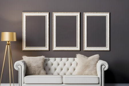 Interior of living room with sofa, lamp and picture frames. 3d renderの素材