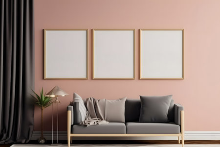 Mock up poster frame in interior background, 3D render illustrationの素材