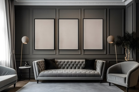 Interior of modern living room with gray walls, concrete floor, gray sofa and two mock up poster frames. 3d renderingの素材