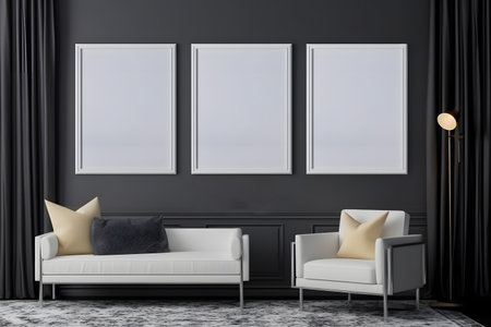 Living room interior with black walls, concrete floor, gray sofa and two white armchairs. Mock up poster. 3d renderingの素材