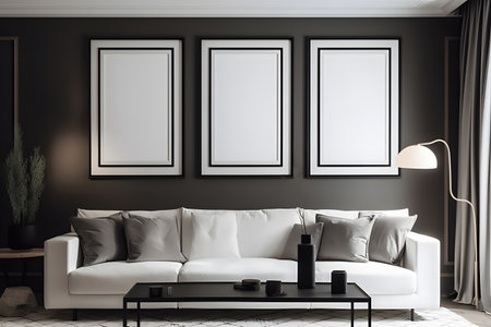 Living room interior with black walls, concrete floor, white sofa and two vertical posters. 3d rendering mockupの素材