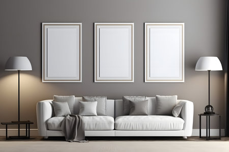 Three blank posters on the wall in modern living room, 3d renderの素材
