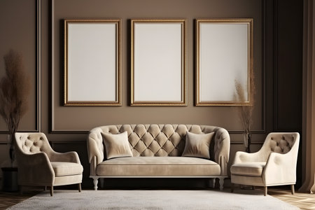 Interior of modern living room with brown walls, beige sofa, armchairs and mock up poster frames. 3d renderingの素材