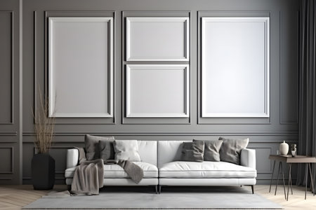 Mock up poster frame in interior background. 3D illustrationの素材
