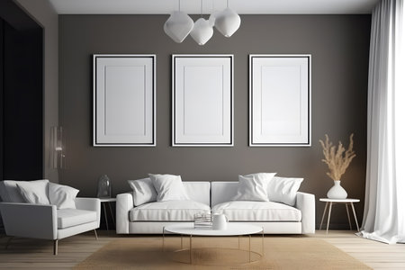 Interior of modern living room with gray walls, wooden floor, white sofas and two vertical mock up posters. 3d renderingの素材