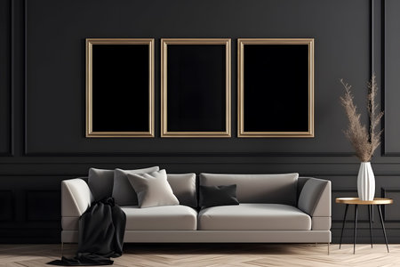 Dark living room interior with empty frames on the wall. Mock-up, 3D Renderingの素材
