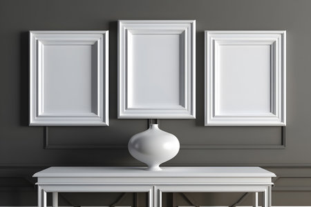 Three white frames on the table in the interior. 3d renderingの素材