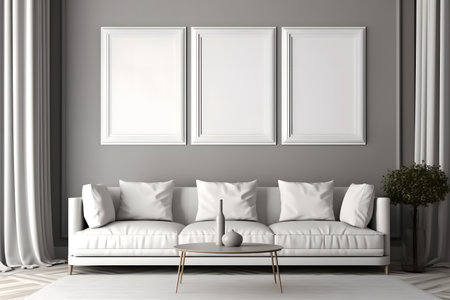 Modern interior with white sofa, coffee table and blank picture frames. Mock-up, 3D Renderingの素材