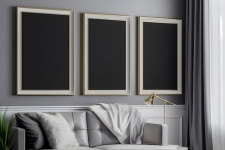 Blank picture frames on the wall. 3d rendering mockupの素材