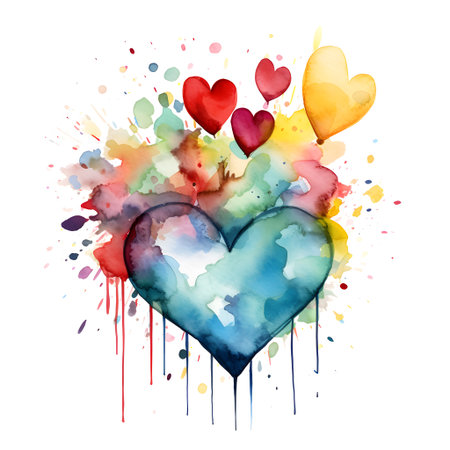Watercolor heart with colorful splashes on white background. Vector illustration.の素材