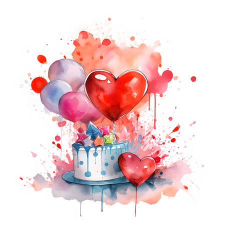 Watercolor vector illustration of a birthday cake with a heart and balloonsの素材
