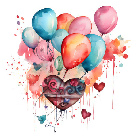 Watercolor heart with balloons and hearts on white background. Vector illustrationの素材