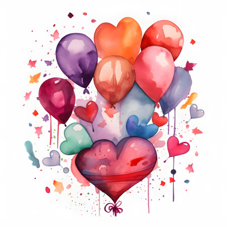 Valentine's day watercolor background with hearts and balloons.の素材