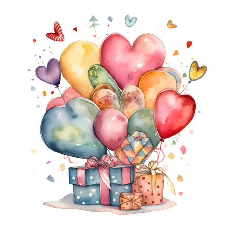 Colorful heart-shaped balloons on white background. watercolor illustrationの素材