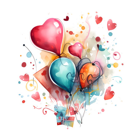 Watercolor birthday cake with heart shaped balloons and candles. Vector illustration.の素材