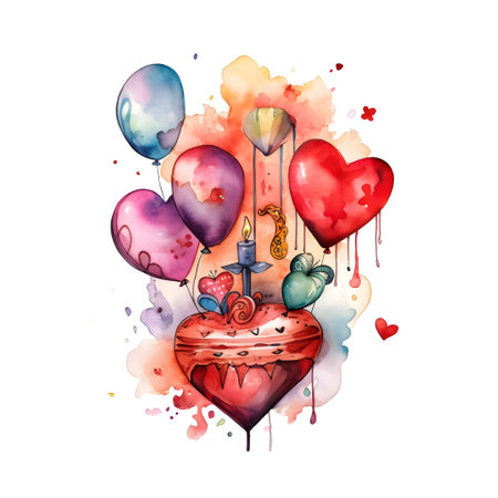 Valentine's day greeting card with heart-shaped balloons and giftsの素材
