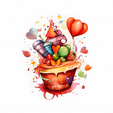 Colorful watercolor illustration of a birthday cupcake with balloons and sweetsの素材