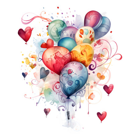 Watercolor valentine's day card with heart, cake and balloonsの素材