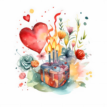 Watercolor heart with balloons on white background. Hand drawn illustration.の素材