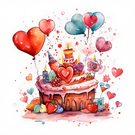Valentine's day greeting card with watercolor flowers and gift boxの素材