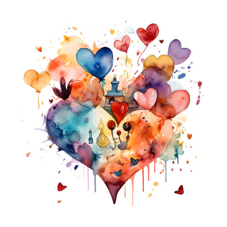 Watercolor illustration of a birthday cake with heart-shaped balloons.の素材