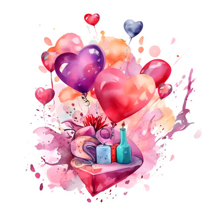 Watercolor heart-shaped balloons with watercolor splashes. Vector illustration.の素材