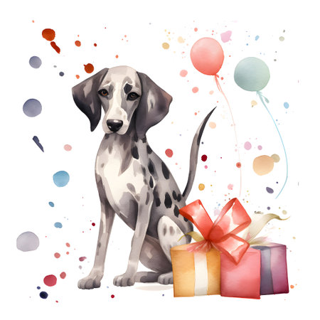 Watercolor illustration of a dalmatian dog with gift boxの素材